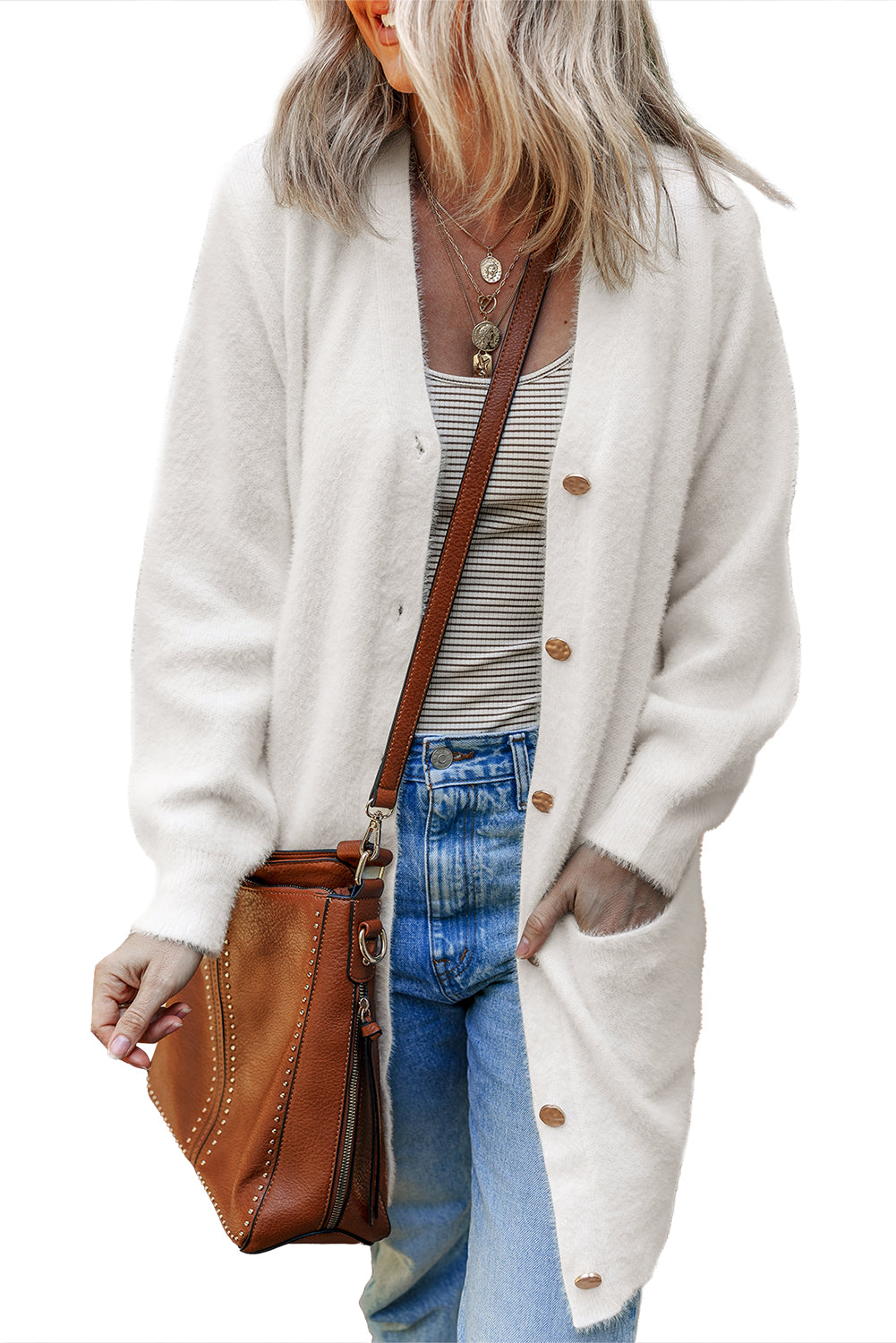 Cloud Nine White Fuzzy Buttoned Front Midi Solid Cardigan
