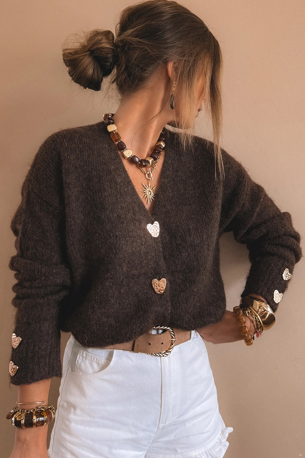Espresso V Neck Metallic Heart Button Knit Cardigan