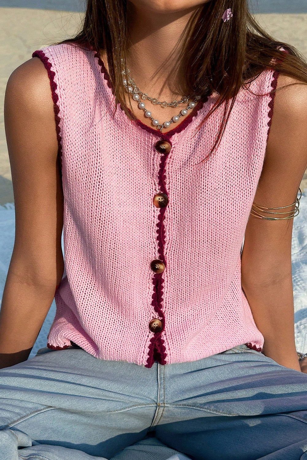 Love Letter Contrast Trim Buttoned Front Knit Summer Blouse