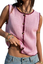 Love Letter Contrast Trim Buttoned Front Knit Summer Blouse