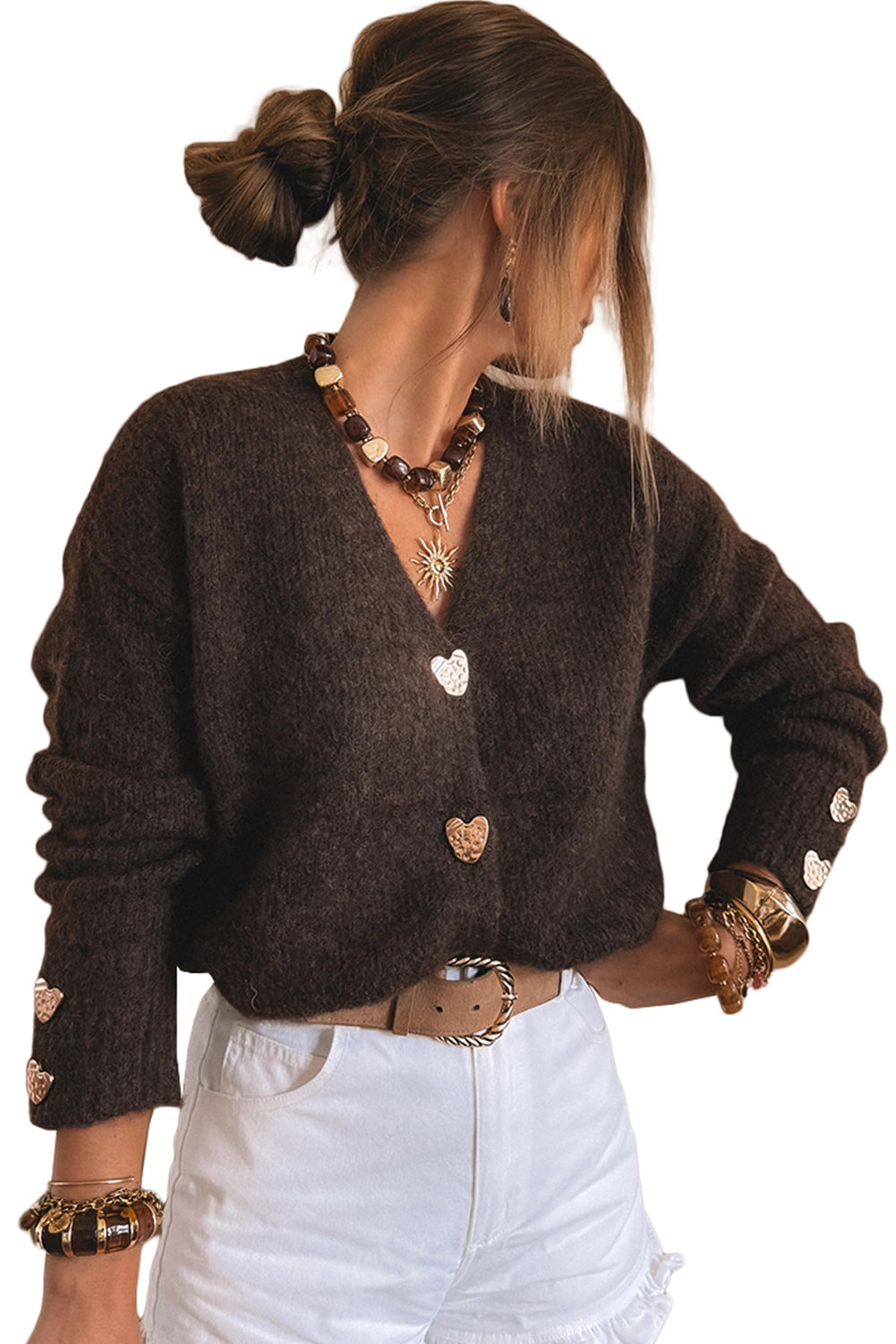 Espresso V Neck Metallic Heart Button Knit Cardigan