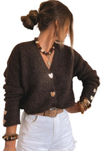 Espresso V Neck Metallic Heart Button Knit Cardigan