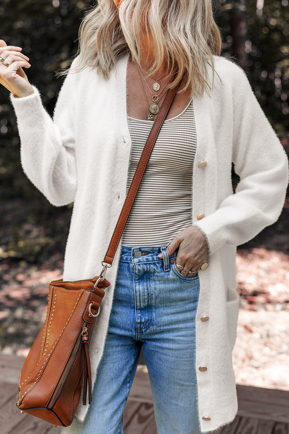 Cloud Nine White Fuzzy Buttoned Front Midi Solid Cardigan