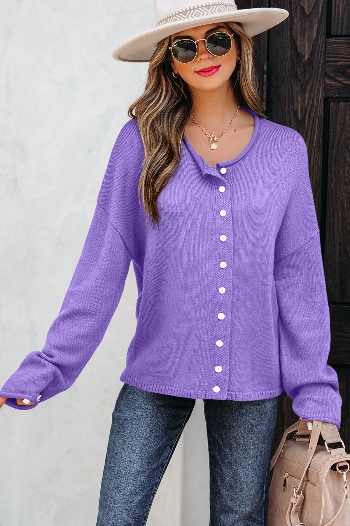 Sugarplum Purple Solid Color Knit Button Sweater Cardigan