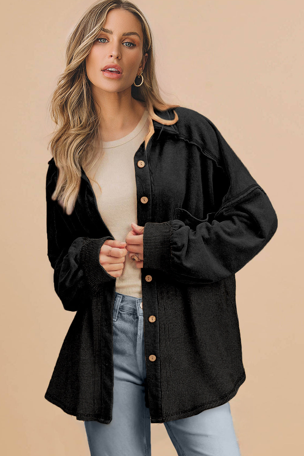 Back To Black Exposed Seam Pocket Loose Corduroy Shirt