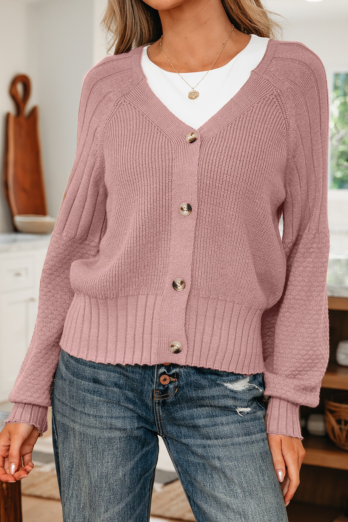 City Of Love Dusty Pink Mixed Texture Knit Button V Neck Sweater Cardigan