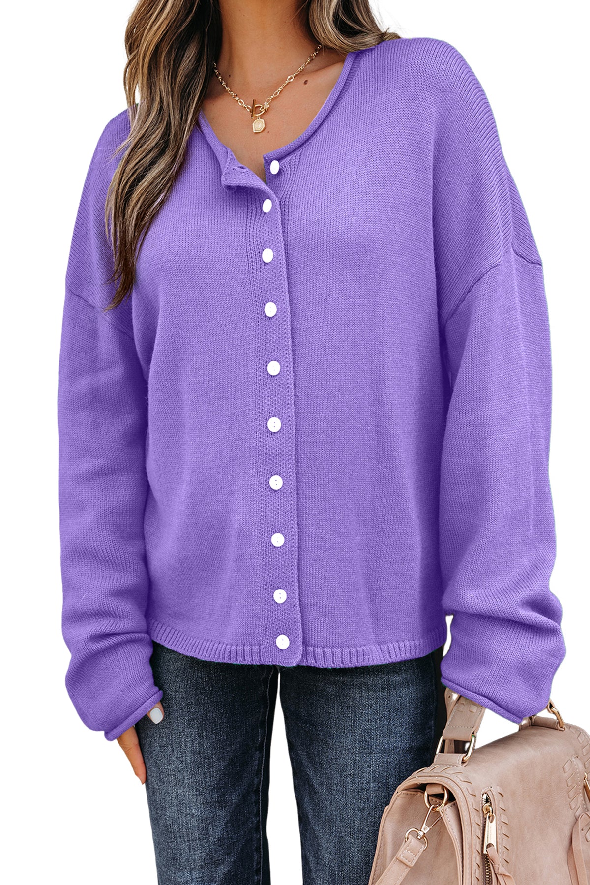 Sugarplum Purple Solid Color Knit Button Sweater Cardigan