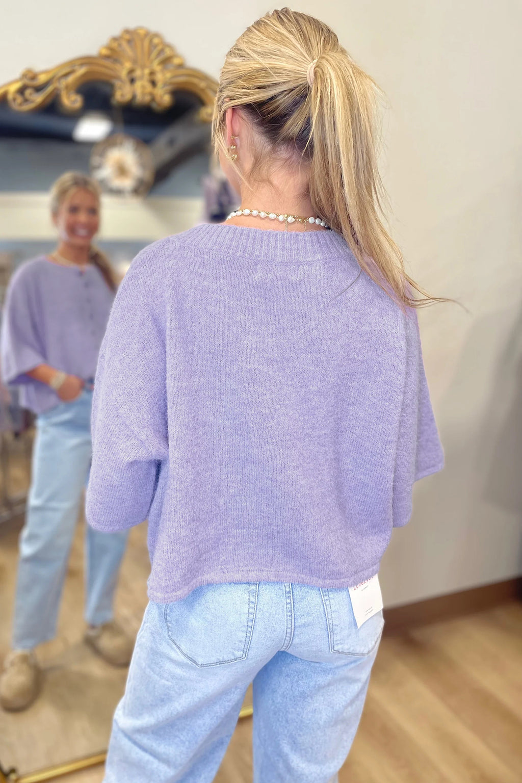Lavender Haze 3/4 Sleeve Boxy Knit Button Down Sweater Cardigan