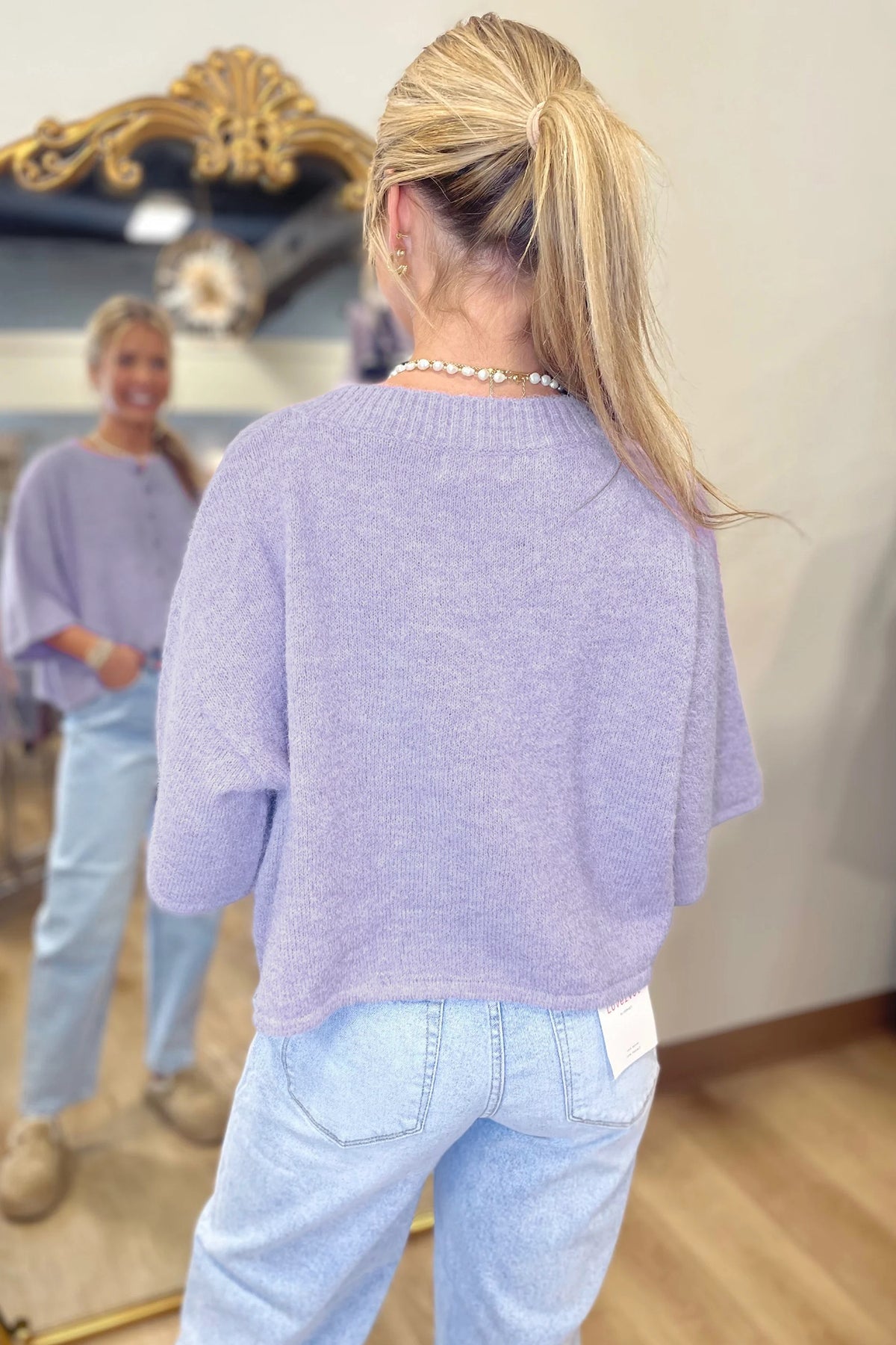 Lavender Haze 3/4 Sleeve Boxy Knit Button Down Sweater Cardigan