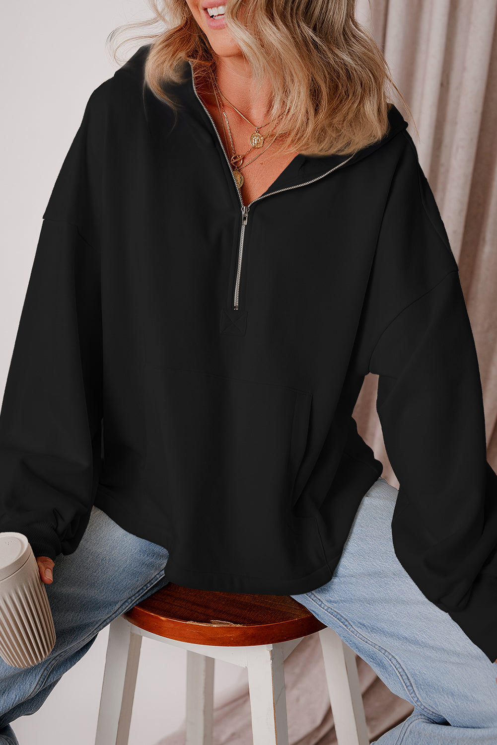On The Go Black Oversized Half Zip up Hoodie