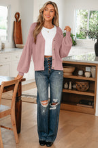 City Of Love Dusty Pink Mixed Texture Knit Button V Neck Sweater Cardigan