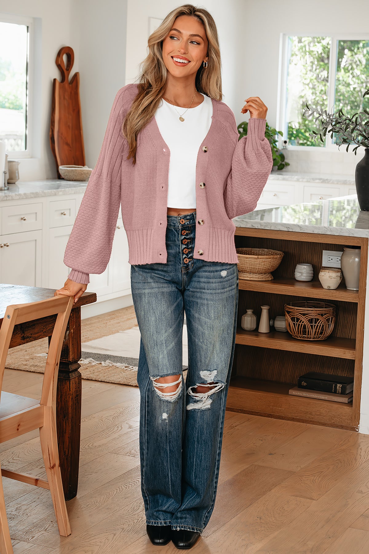 City Of Love Dusty Pink Mixed Texture Knit Button V Neck Sweater Cardigan