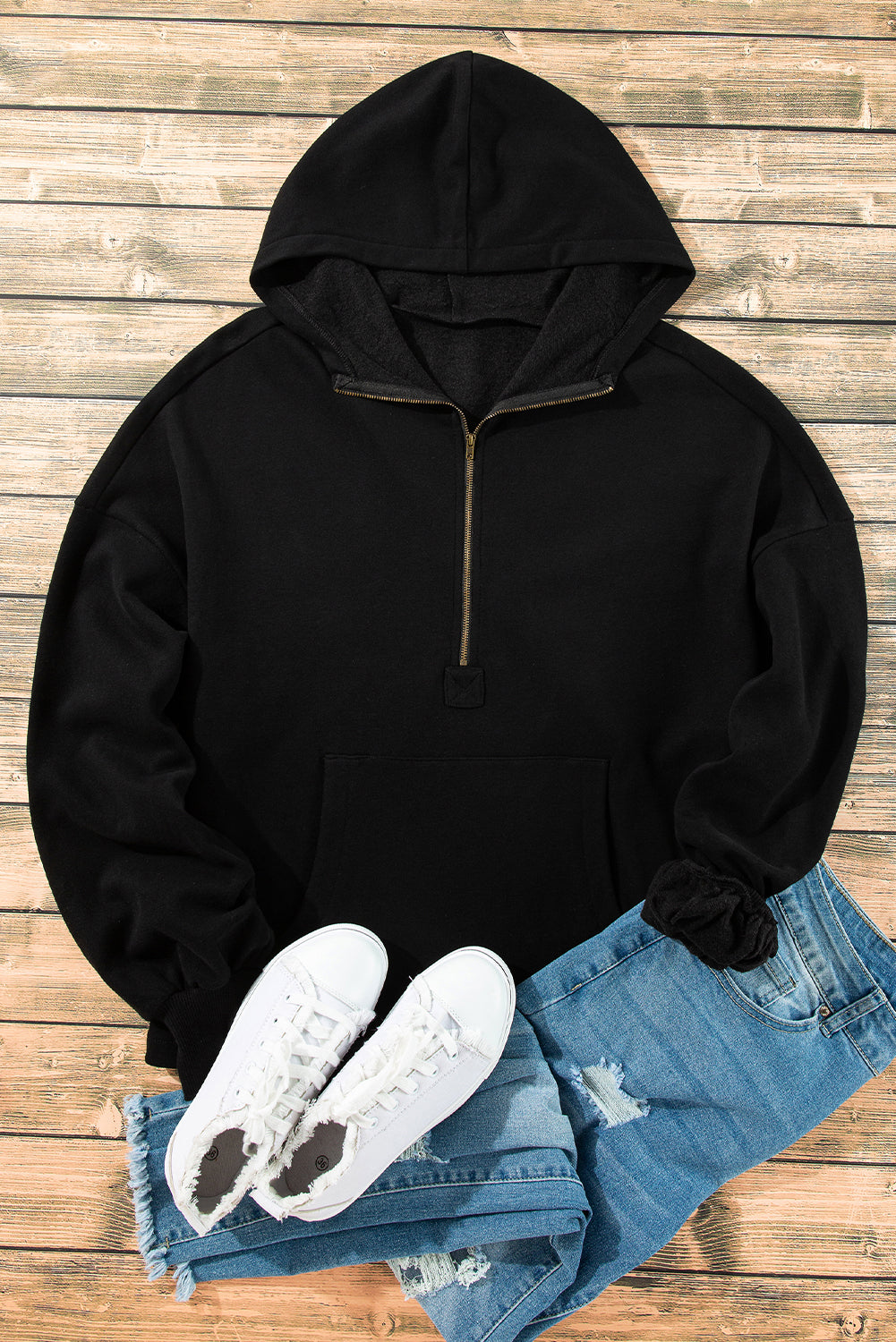 On The Go Black Oversized Half Zip up Hoodie