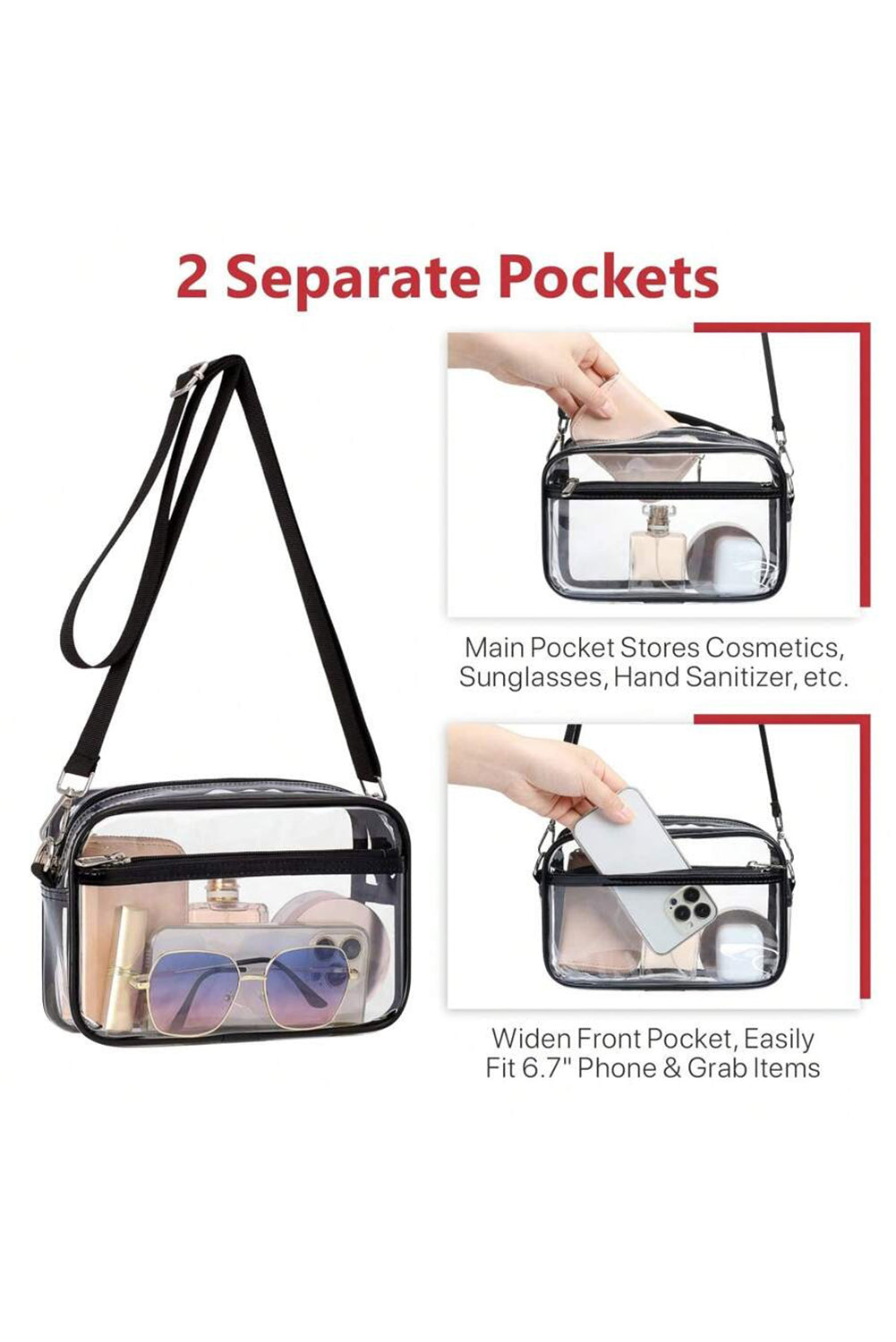 Party All Night Clear Multi-Pocket Contrast Edge Detachable Strap Clear Shoulder Bag