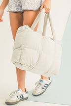 On The Move White Solid Quilted Puffy Cloud Zipped Large Tote Bag