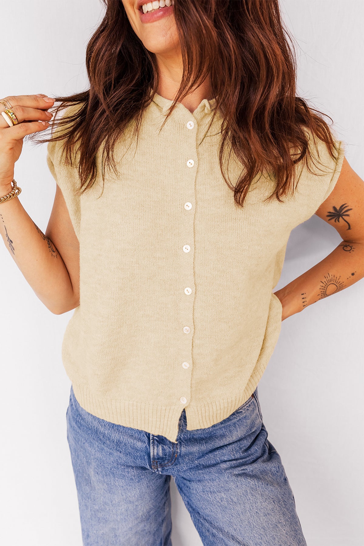 Limoncello Apricot Buttoned Front Rolled Hem Cap Sleeve Sweater Top