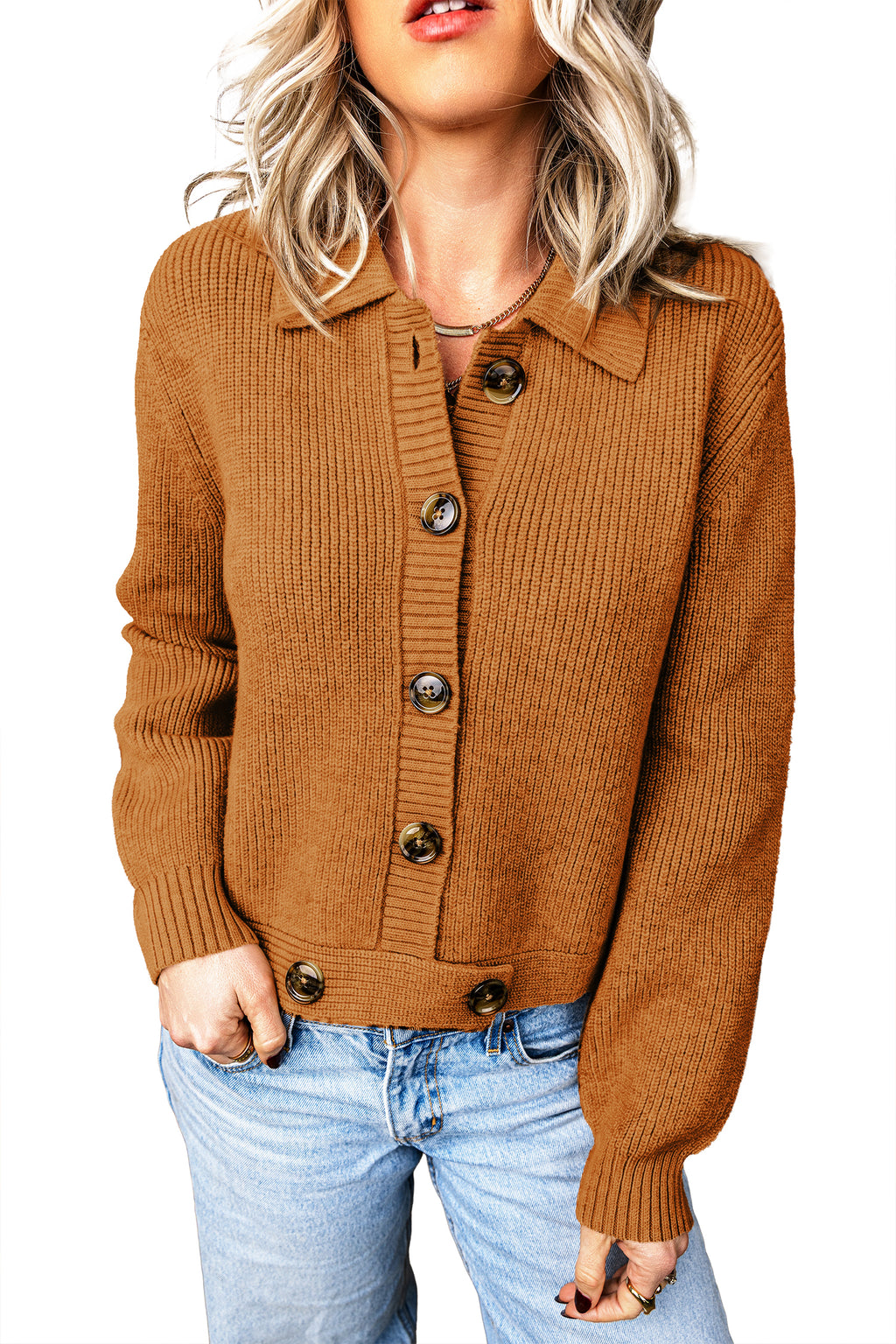 Fell In Love In October Ribbed Knit Collar Button Front Long Sleeve Cardigan