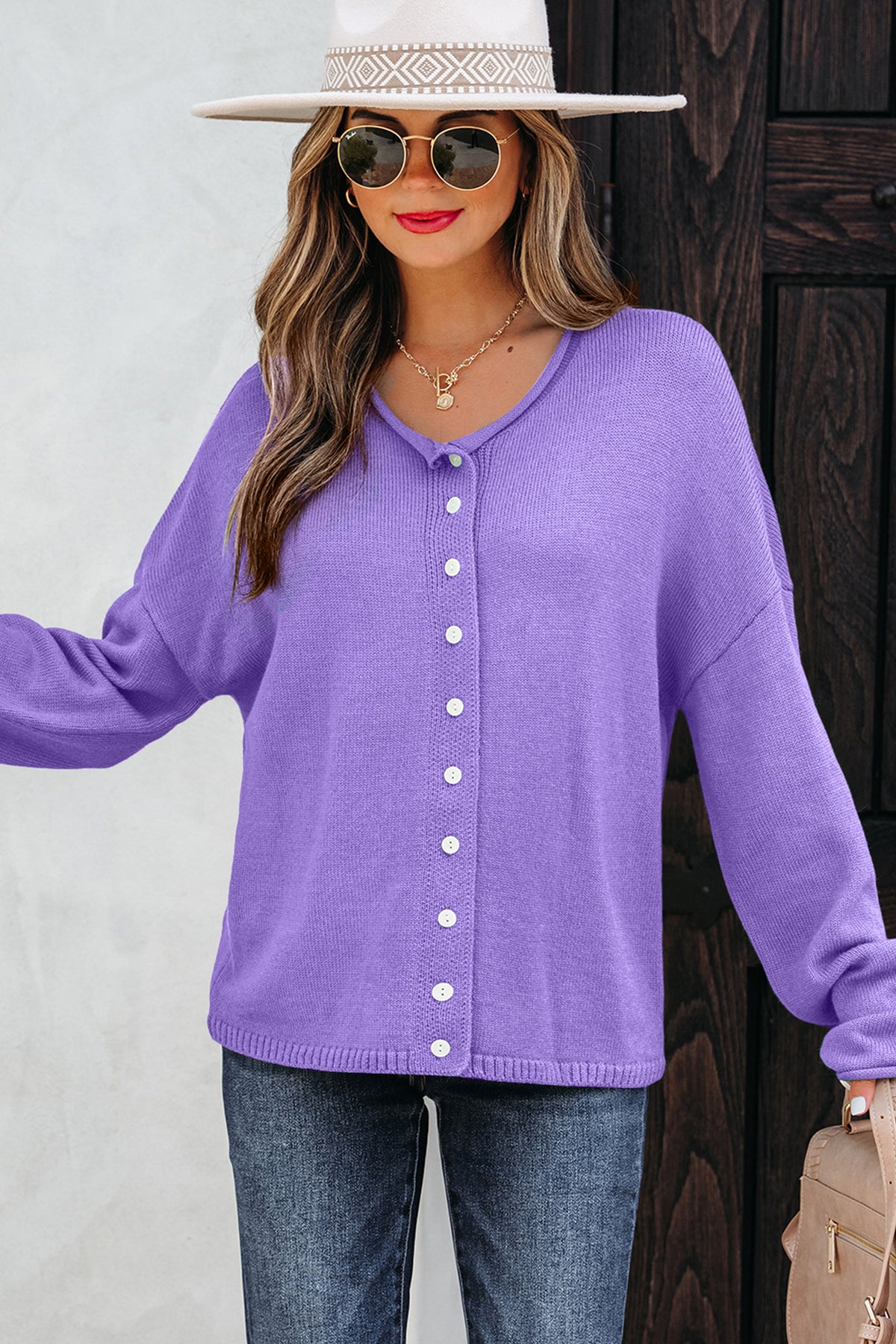 Sugarplum Purple Solid Color Knit Button Sweater Cardigan