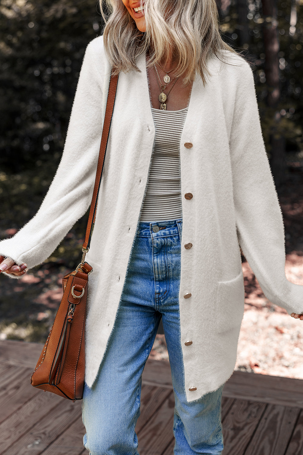 Cloud Nine White Fuzzy Buttoned Front Midi Solid Cardigan