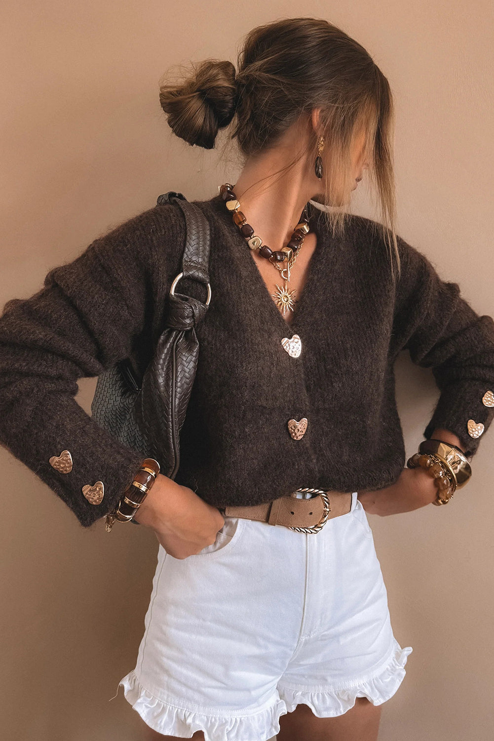 Espresso V Neck Metallic Heart Button Knit Cardigan