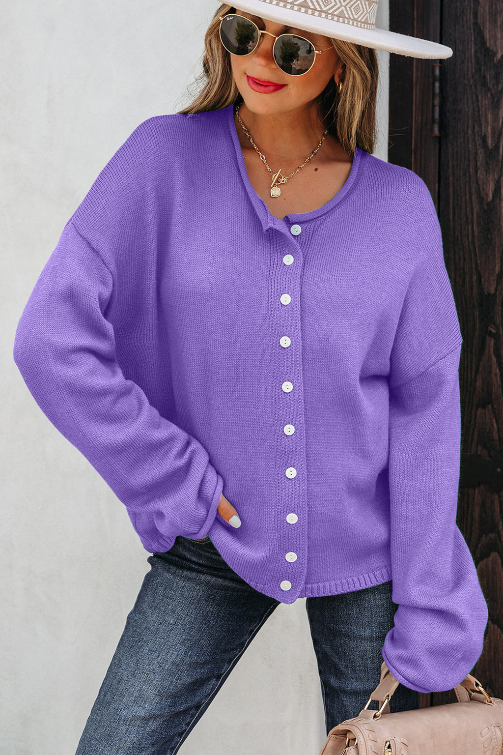 Sugarplum Purple Solid Color Knit Button Sweater Cardigan