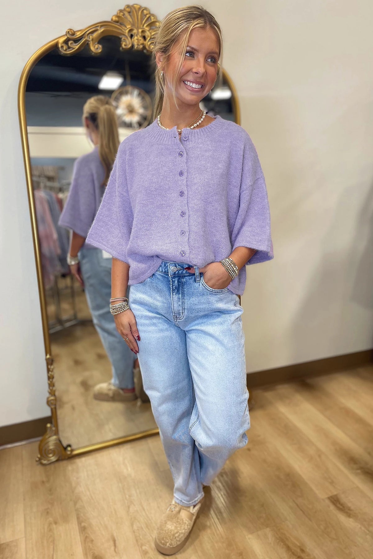 Lavender Haze 3/4 Sleeve Boxy Knit Button Down Sweater Cardigan