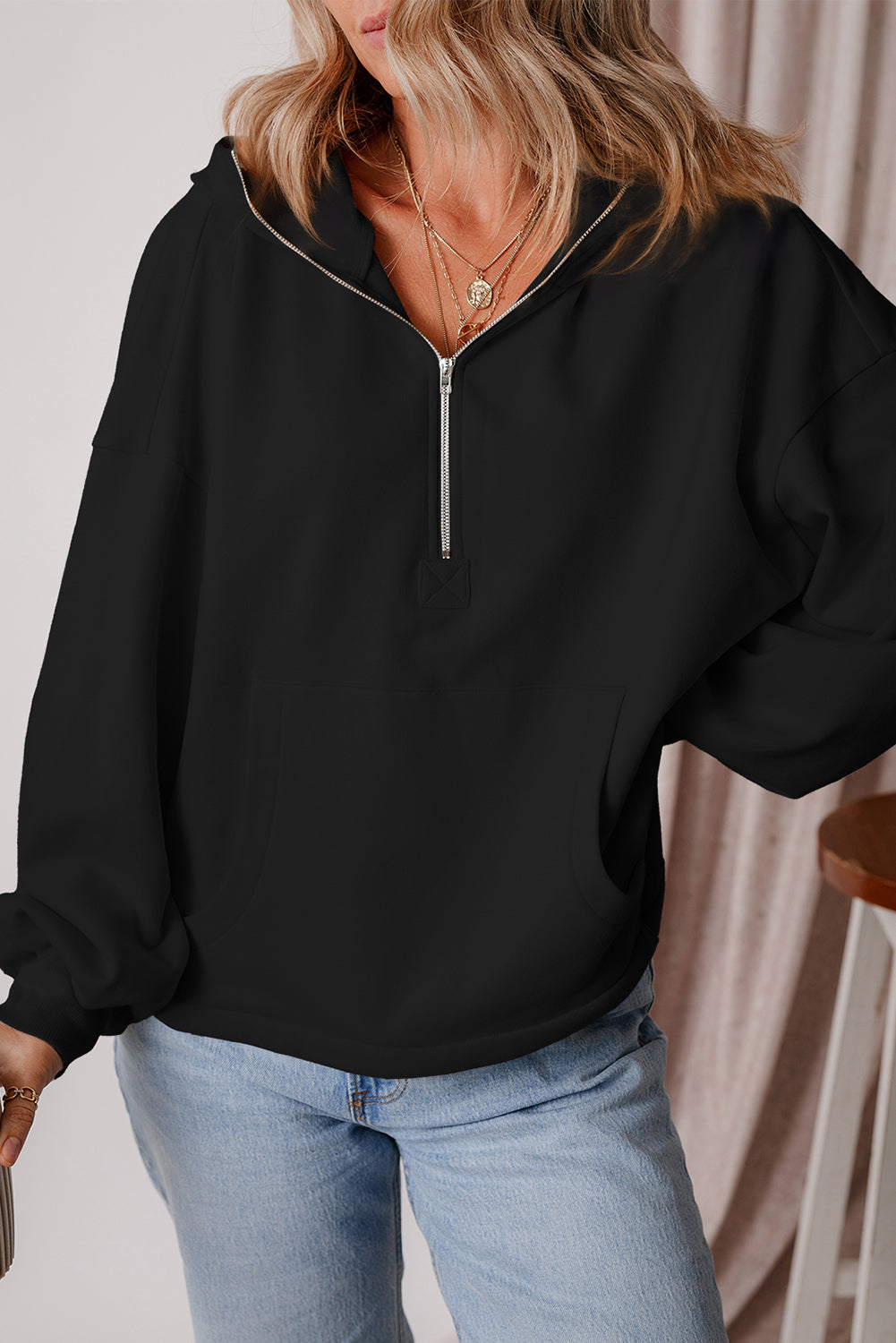 On The Go Black Oversized Half Zip up Hoodie