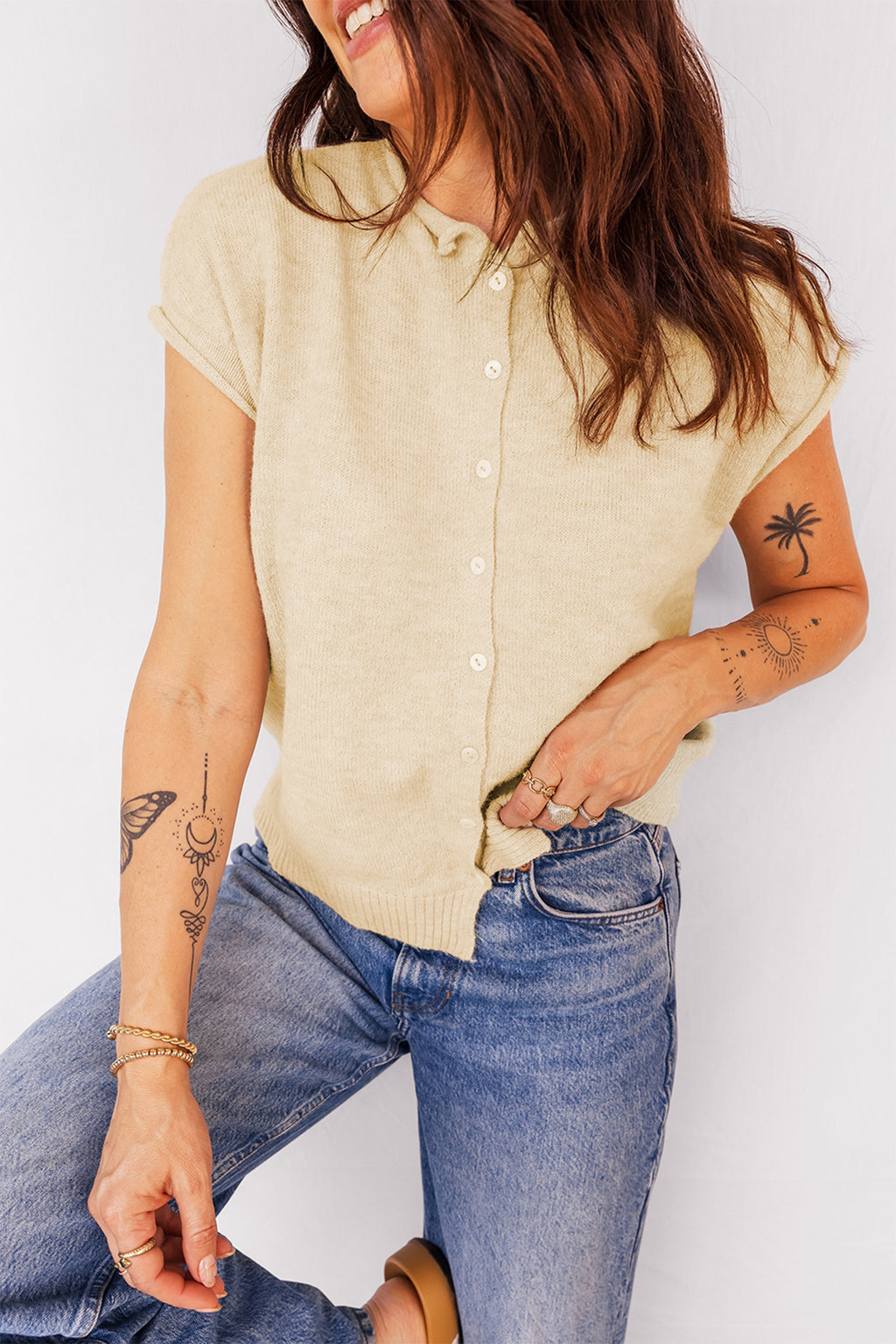 Limoncello Apricot Buttoned Front Rolled Hem Cap Sleeve Sweater Top