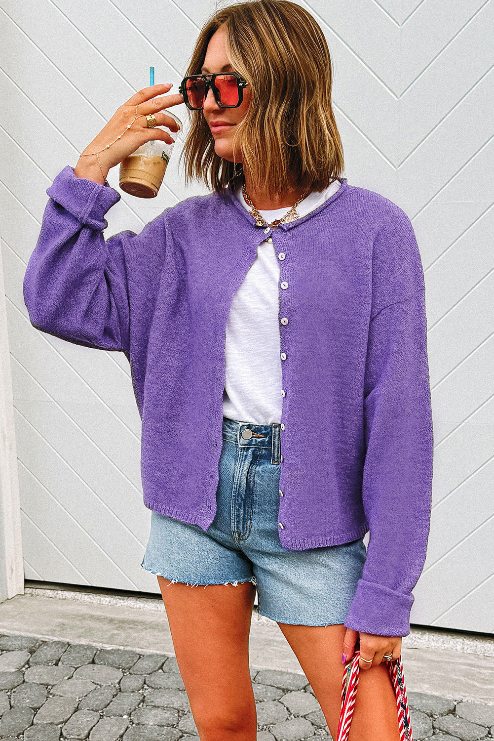 Sugarplum Purple Solid Color Knit Button Sweater Cardigan