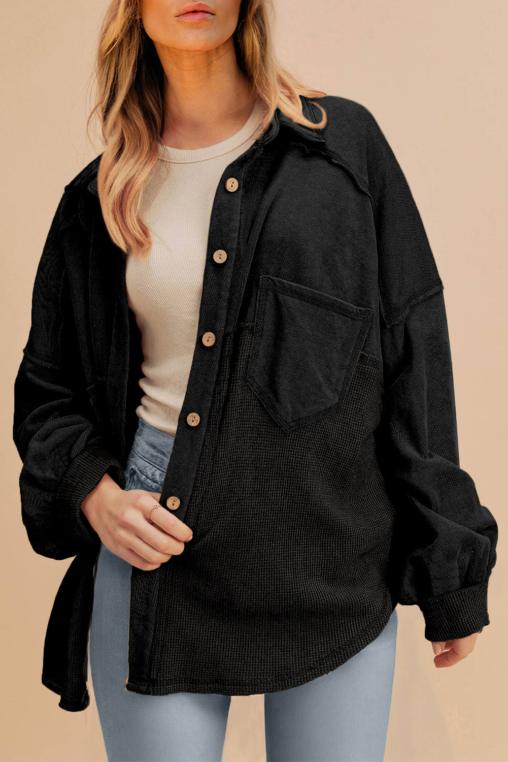 Back To Black Exposed Seam Pocket Loose Corduroy Shirt