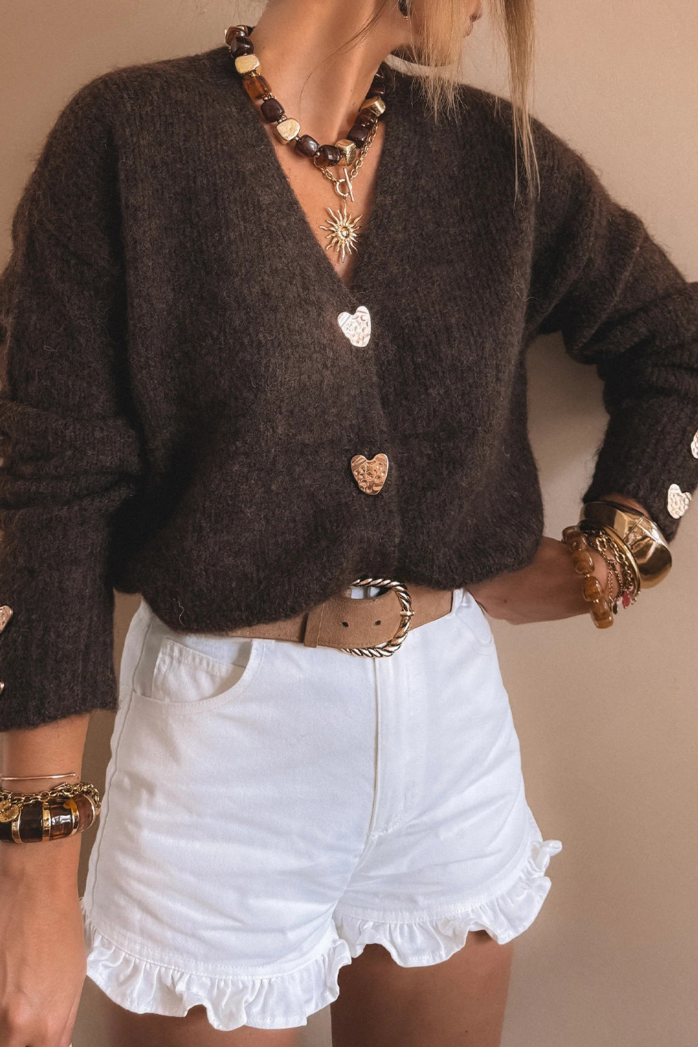 Espresso V Neck Metallic Heart Button Knit Cardigan