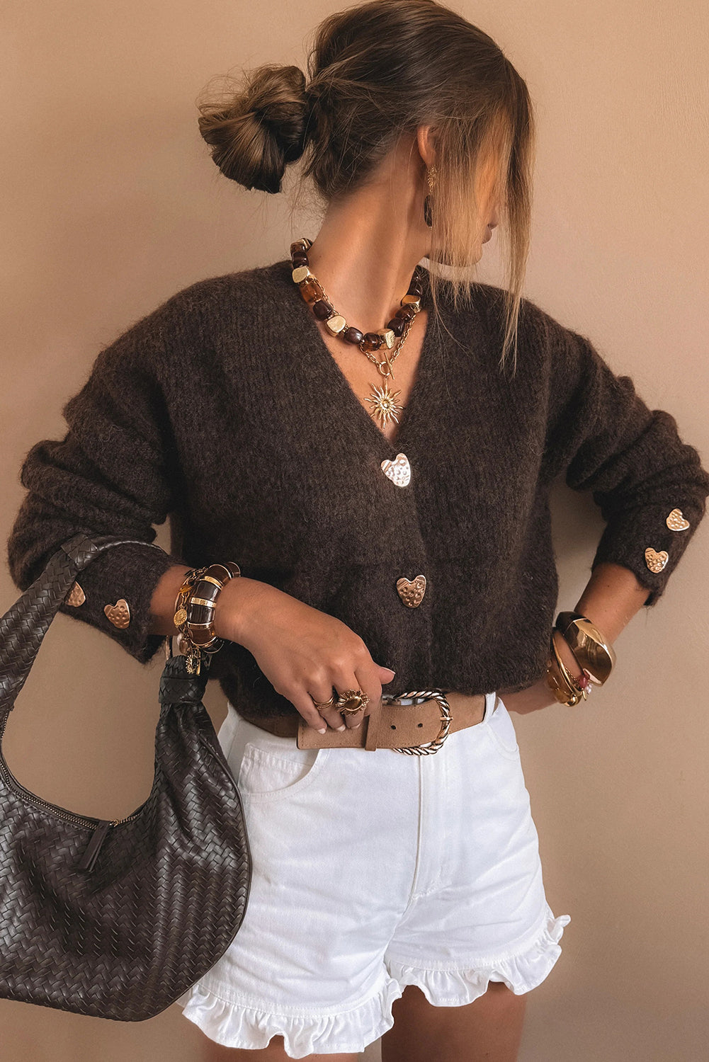 Espresso V Neck Metallic Heart Button Knit Cardigan