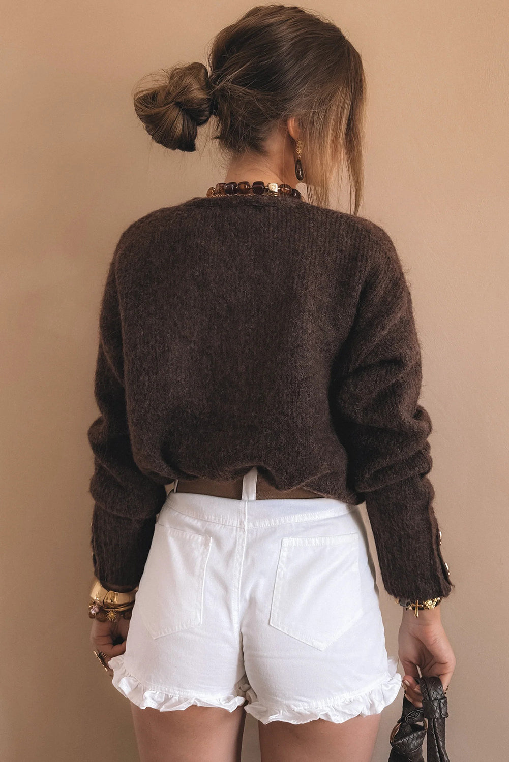 Espresso V Neck Metallic Heart Button Knit Cardigan