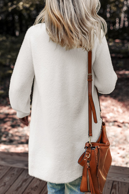 Cloud Nine White Fuzzy Buttoned Front Midi Solid Cardigan