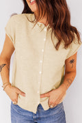 Limoncello Apricot Buttoned Front Rolled Hem Cap Sleeve Sweater Top