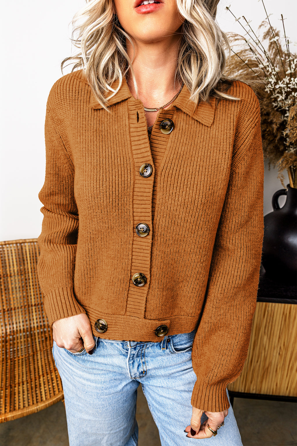 Fell In Love In October Ribbed Knit Collar Button Front Long Sleeve Cardigan