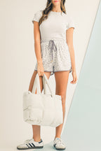 On The Move White Solid Quilted Puffy Cloud Zipped Large Tote Bag