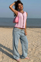 Love Letter Contrast Trim Buttoned Front Knit Summer Blouse