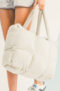 On The Move White Solid Quilted Puffy Cloud Zipped Large Tote Bag